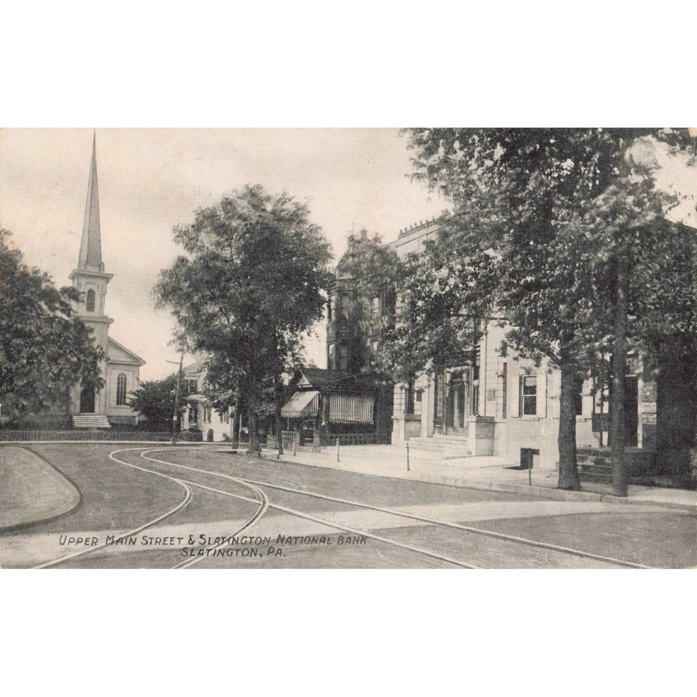 Slatington Pennsylvania PA Postcard Upper Main St & National Bank Trolley c1908